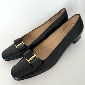 Salvatore Ferragamo Black Leather Flats with Gold Accent Detail, Size 9.5 AA